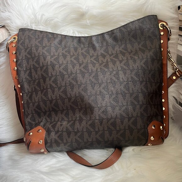 Michael Michael Kors Brown Logo Tan Leather Studded Crossbody Bag 14x11x5 EUC - Picture 3 of 15